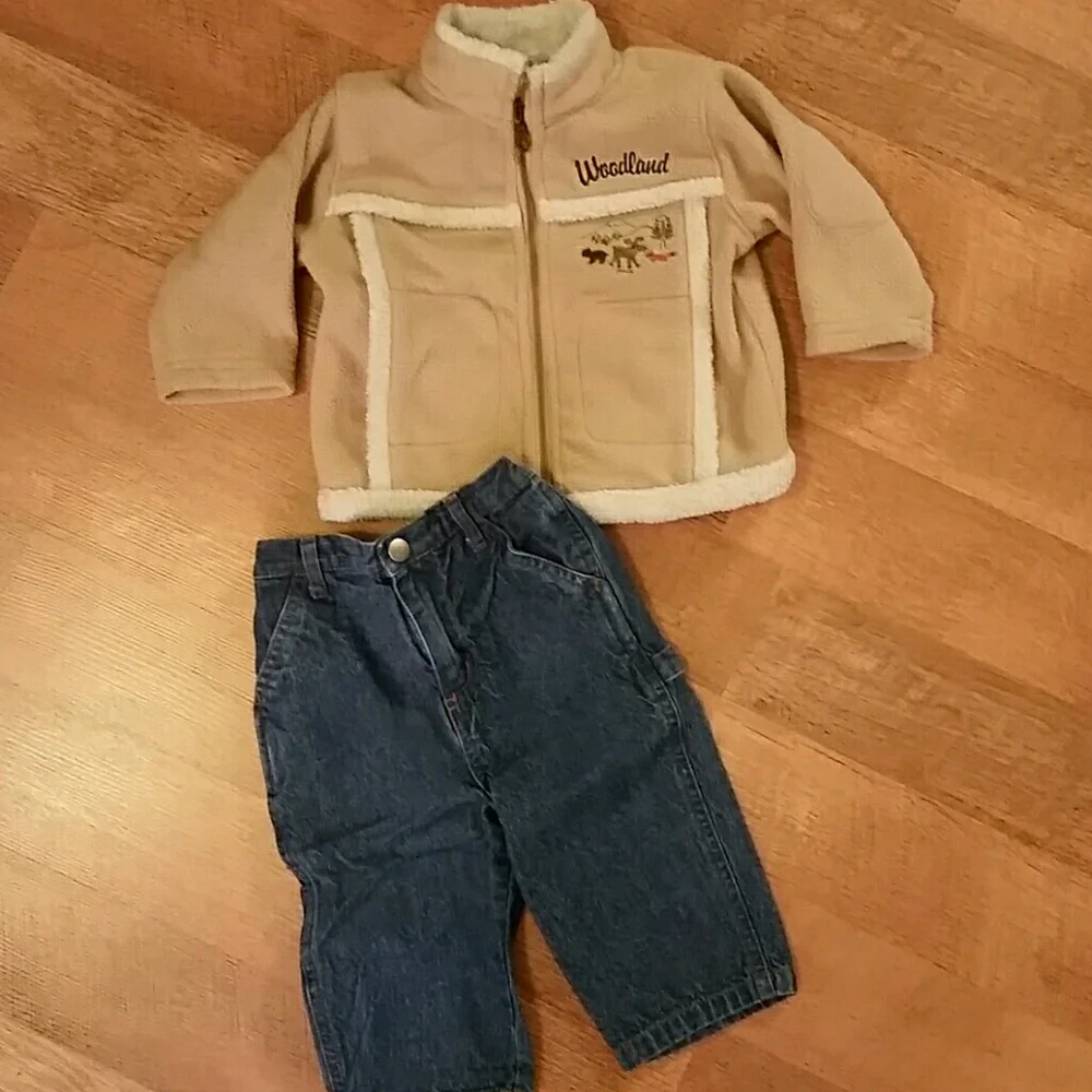Little By‎ Little Boys Woodland Fleece Tan Jacket with Carpenter Jeans 12M